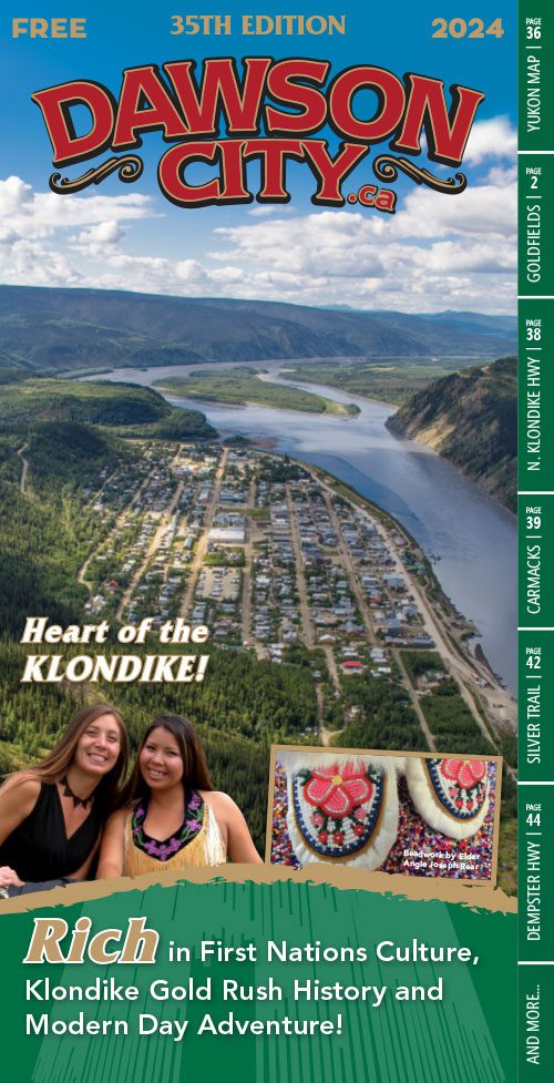 2023 Dawson City guide cover showing the Klondike and Yukon Rivers and an aerial view of Dawson City